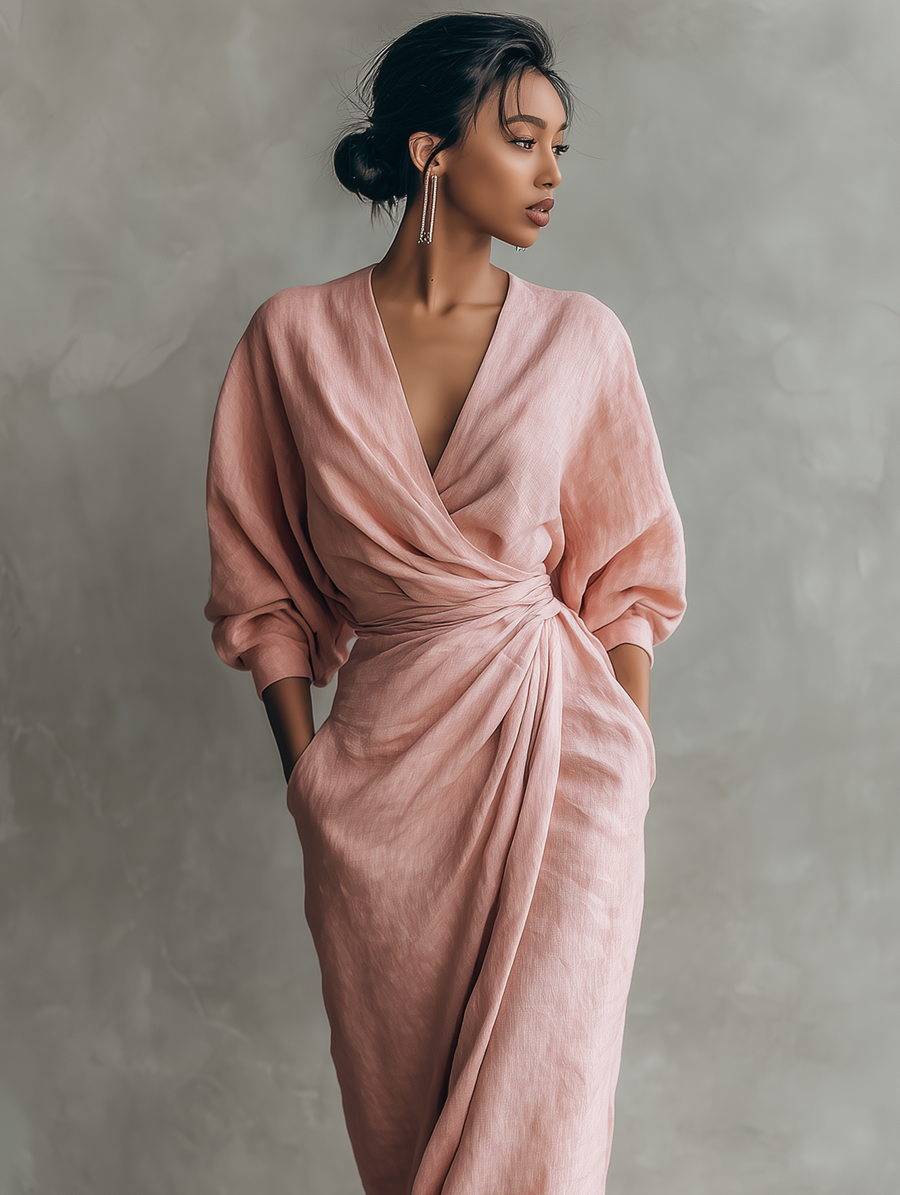 Chloé – Lanena maxi haljina, roza, V-izrez