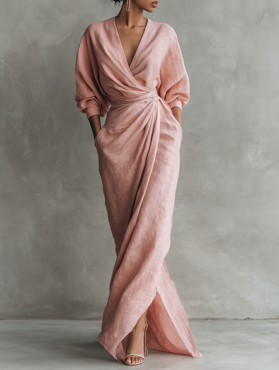 Chloé – Lanena maxi haljina, roza, V-izrez