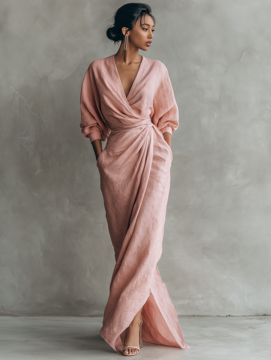 Chloé – Lanena maxi haljina, roza, V-izrez