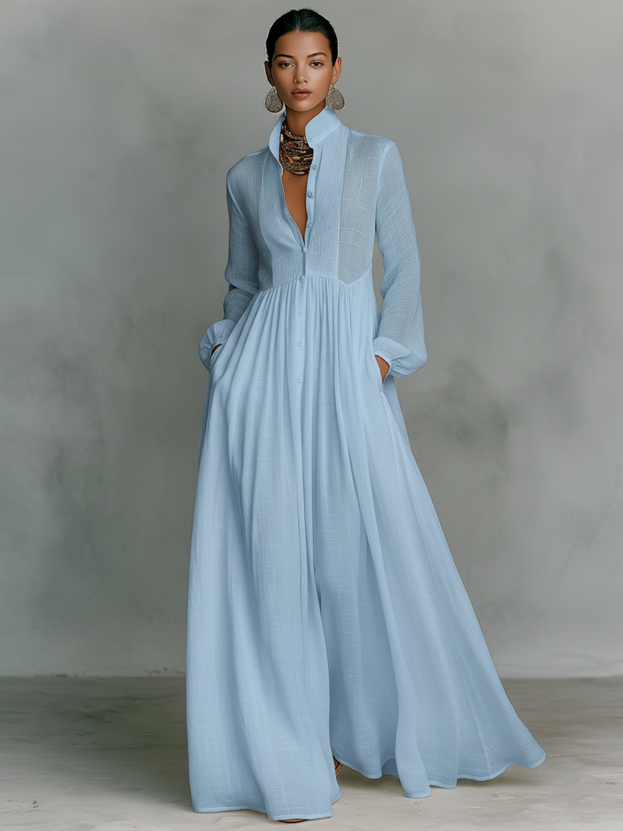 Élise – Lanena patchwork maxi haljina s visokim ovratnikom