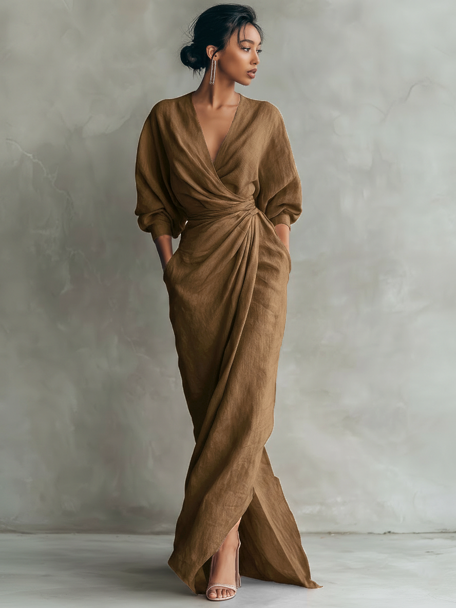 Chloé – Lanena maxi haljina, roza, V-izrez