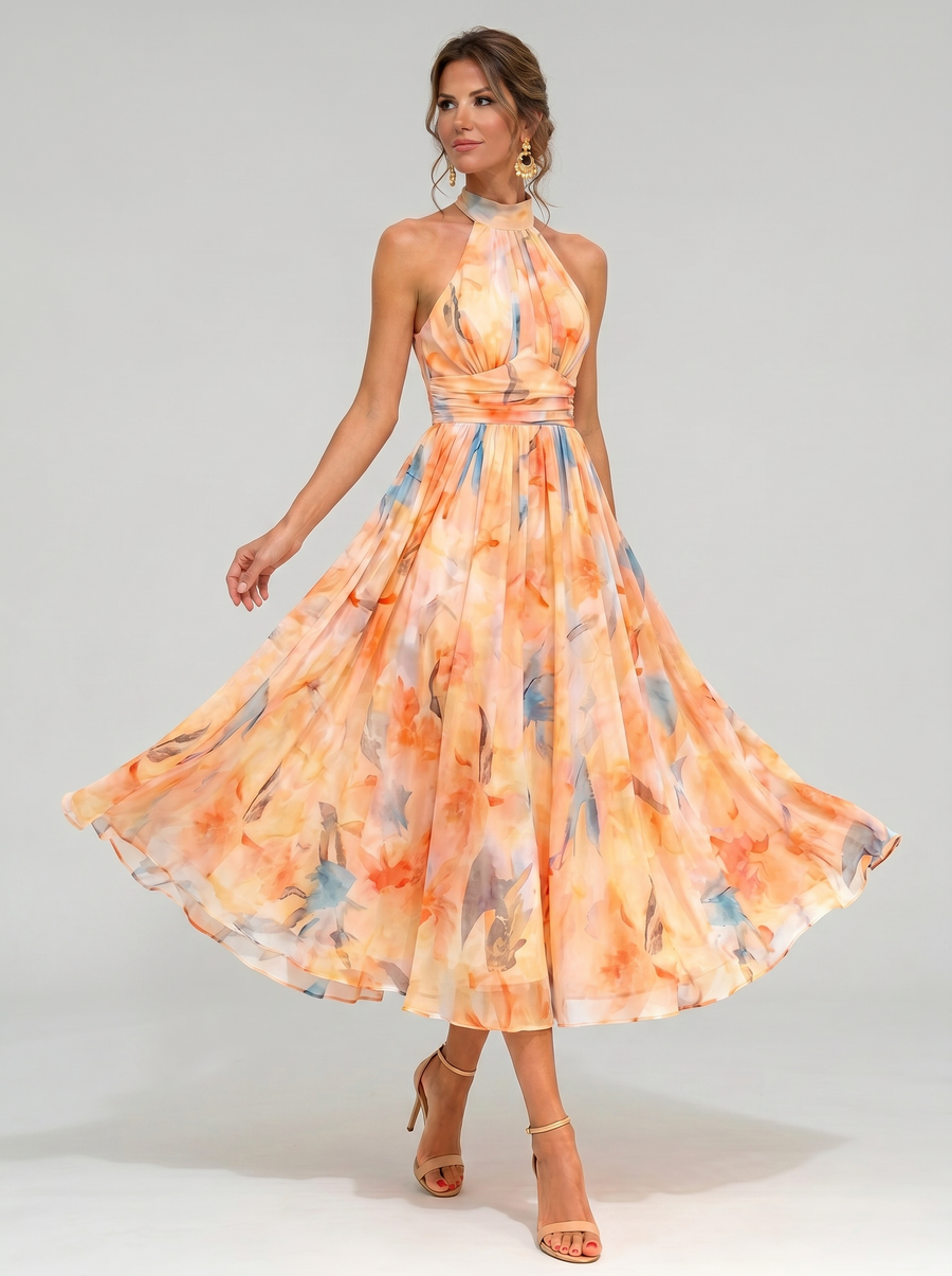Aurora – Halter Midi Haljina s Akvarelnim Printom