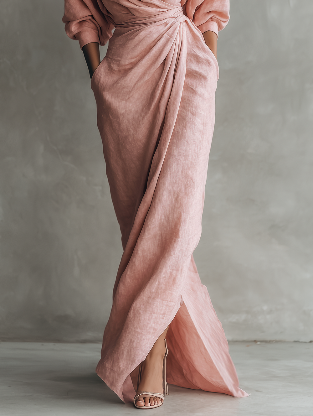 Chloé – Lanena maxi haljina, roza, V-izrez