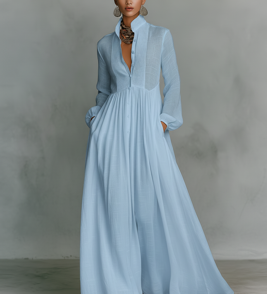Élise – Lanena patchwork maxi haljina s visokim ovratnikom