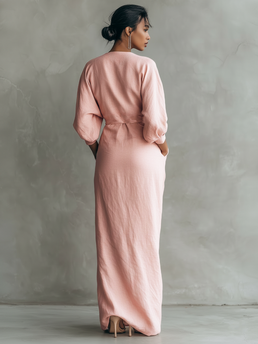 Chloé – Lanena maxi haljina, roza, V-izrez