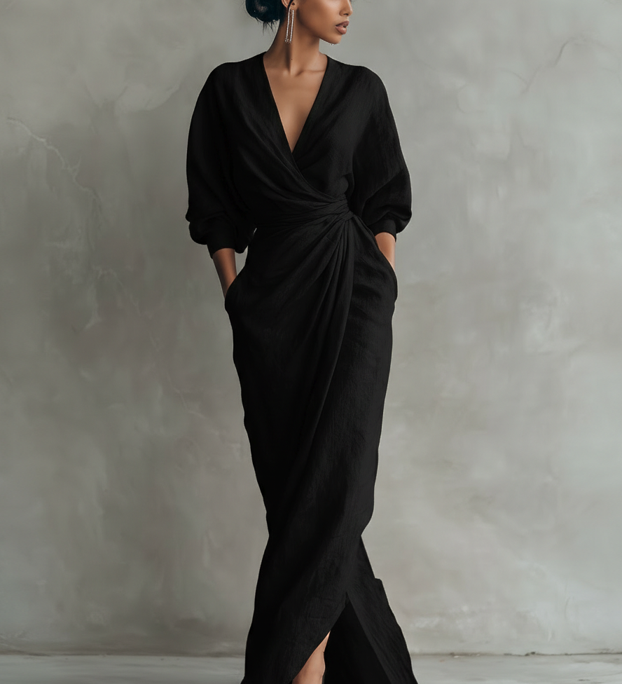 Chloé – Lanena maxi haljina, roza, V-izrez