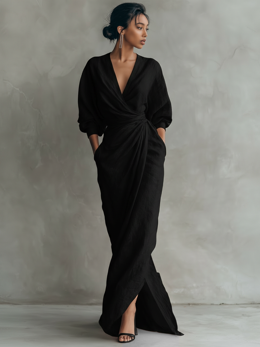 Chloé – Lanena maxi haljina, roza, V-izrez