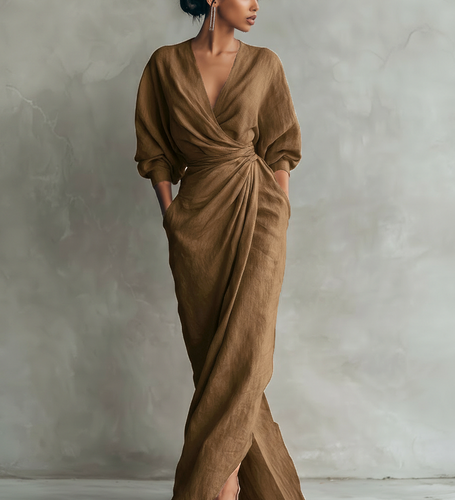Chloé – Lanena maxi haljina, roza, V-izrez