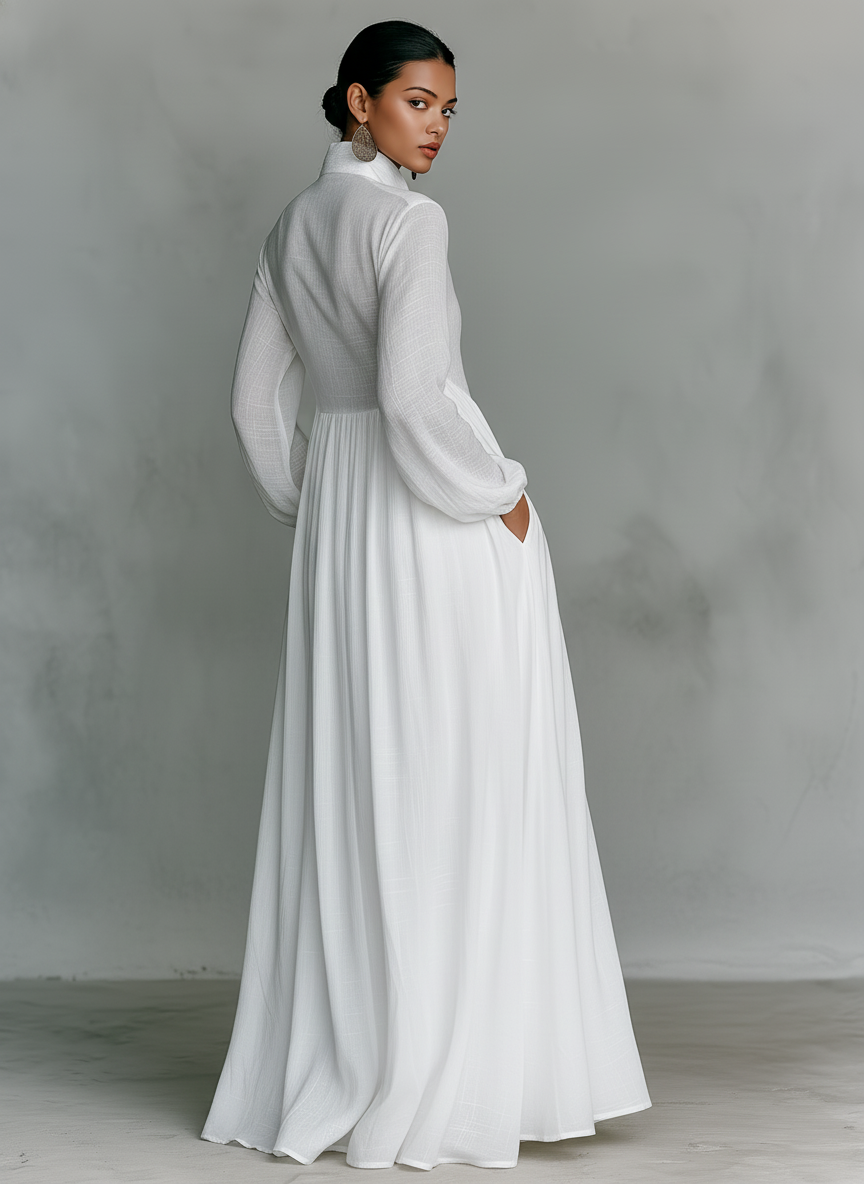 Élise – Lanena patchwork maxi haljina s visokim ovratnikom
