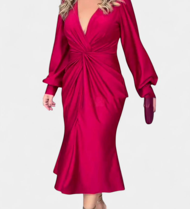 Lena Duga Haljina s Dugim Rukavima i V-Izrezom